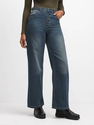 Jet Women's Stained Dark Wash Wide Leg Jeans