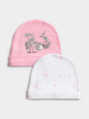 Jet Infant Girls Pink/White 2 Pack Florals Beanie