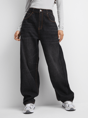 Redbat Women's Raw Black Barrel Jeans