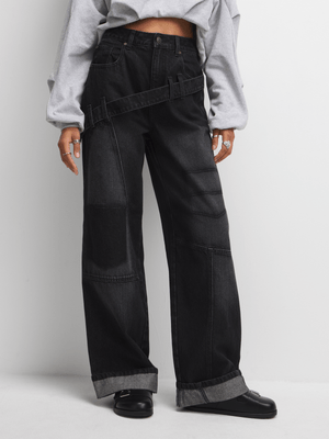 The FIX Women's Charcoal Wide Leg Jeans With Pocket Stitch
