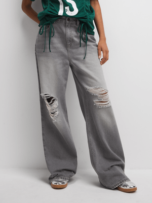The FIX Women's Light Grey Rip & Repair Wide Leg Jeans