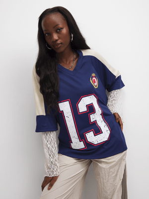 The FIX Women's Navy Oversized Graphic Top With Lace Sleeve