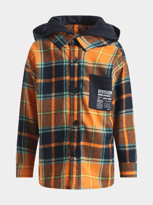 Jet Younger Boys Orange Check Hooded Shirt