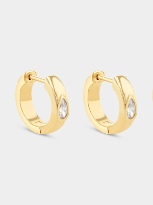 Gold Plated Sterling Silver Cubic Zirconia Pear Hoop Earrings