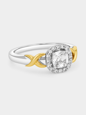 Yellow Gold & Sterling Silver White Sapphire Cushion Halo Kiss Ring