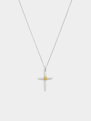 Yellow Gold & Sterling Silver White Sapphire Kiss Cross Pendant