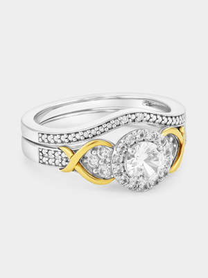 Yellow Gold & Sterling Silver White Sapphire Round Halo Kiss Twinset Ring