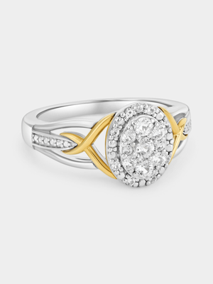 Yellow Gold & Sterling Silver White Sapphire Oval Halo Kiss Ring