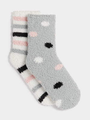 Jet Older Girls Grey/Pink 2 Pack Fluffy Socks