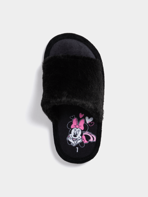 Jet Older Girls Black Minnie Mouse Faux Fur Mule Slippers