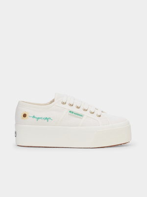 Superga Womens Linen White Avorio Platform Sneakers