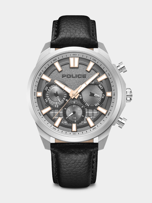 Police Rangy Stainless Steel Cool Grey Dial Black Leather Watch