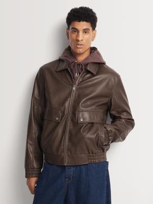 Markham Men's Smart Washed Zipped Brown Bomber Jacket