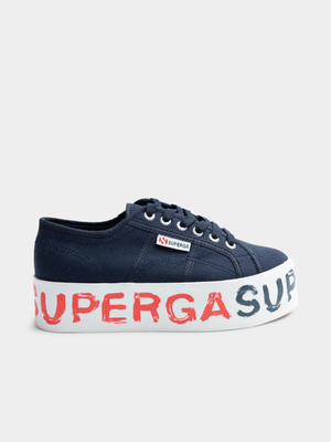 Women's Superga 2790 Paint Lettering  Canvas Platform Navy/White Sneaker