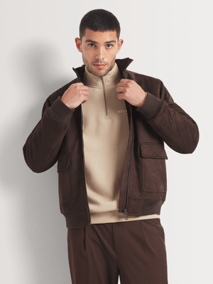 Markham Men's Smart Suedette Zipped Brown Bomber Jacket