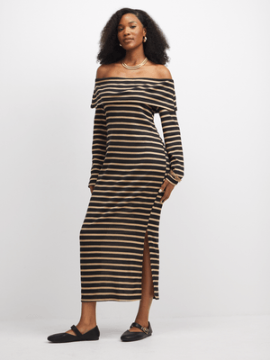 Jet Women's Black Stone Stripe Off Shoulder Bodycon Dress