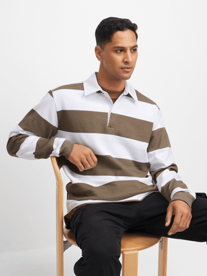 Jet Men's Stone and White Stripe Fleece Golfer