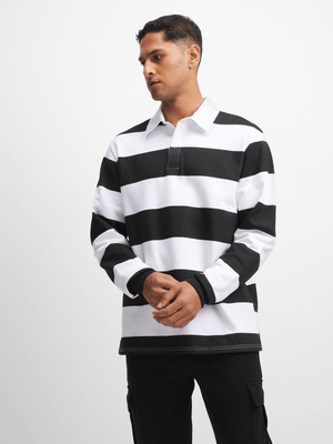 Jet Men's Black and White Stripe Fleece Golfer