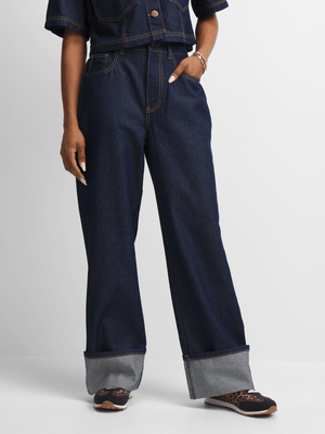 Exact Women's Dark Raw Wash Wide-Leg Turn Up Jeans