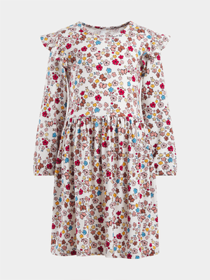 Exact Older Girl's White Floral Print Ruffle Dress