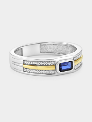 Yellow Gold & Sterling Silver Created Blue Sapphire Cushion Ring
