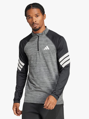 adidas Mens Icon 3-Stripes 1/4 Zip Black Melange/White Long Sleeve Top