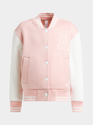 Exact Older Girl's Pink & White Varsity Bomber Jacket