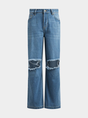 Jet Teen Girls Blue Light Wash Ripped Wide Leg Jeans
