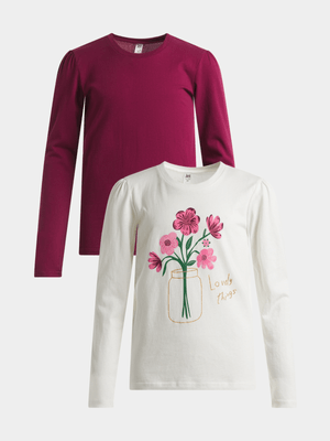 Jet Older Girls Cream/Burgundy 2 Pack T-shirt