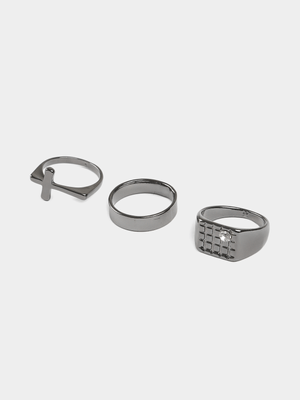 Markham Men's Crystal Grid and Cross Grey Ring Set