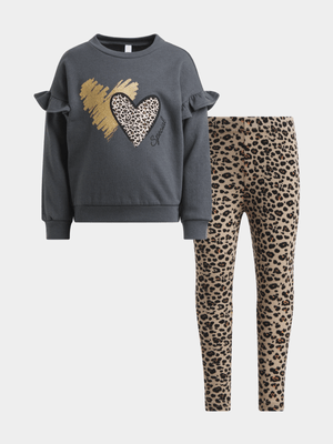 Exact Older Girl's Charcoal Sweat Top & Animal Leggings Set