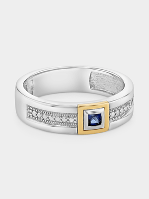 Yellow Gold & Sterling Silver Blue Sapphire Princess Cube Ring