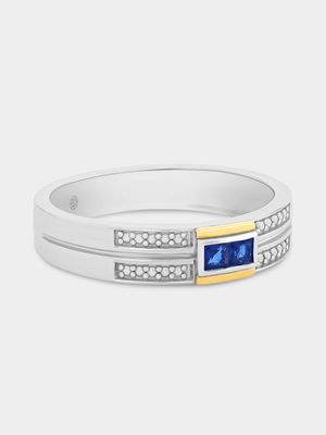 Sterling Silver & Yellow Gold Created Blue Sapphire Men's Wedding Band