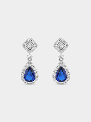 Sterling Silver Blue Sapphire Pear Halo Cushion Cluster Drop Earrings
