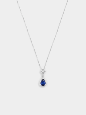 Sterling Silver Blue Sapphire Pear Halo Cushion Cluster Pendant