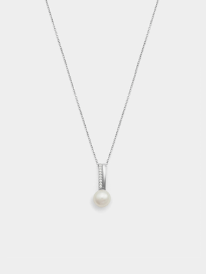 Sterling Silver Freshwater Pearl & Cubic Zirconia Bar Pendant