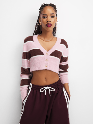 The FIX Women's Pink & Brown Striped Fuzzy Cropped Cardigan