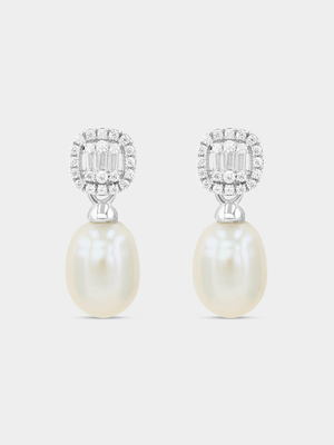 Sterling Silver Freshwater Pearl & Cubic Zirconia Cushion Halo Drop Earrings