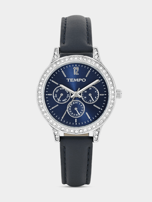 Tempo Silver Plated Navy Dial Navy Leather Watch