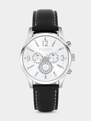 Tempo Silver Plated Silver Tone Dial Black Leather Watch
