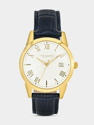 Tempo Gold Plated Silver Tone Dial Blue Leather Watch