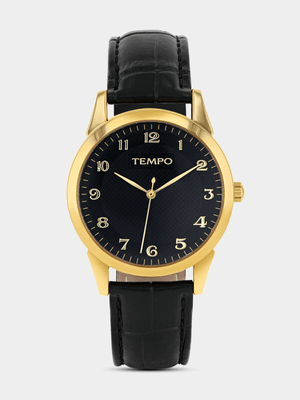 Tempo Gold Plated Black Dial Black Leather Watch