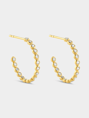 Gold Plated Sterling Silver Cubic Zirconia Round Bezel Hoop Earrings