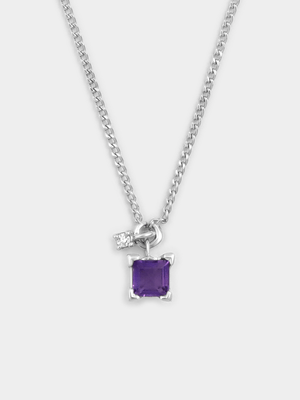 Sterling Silver Lab Grown Diamond & Amethyst Princess Pendant