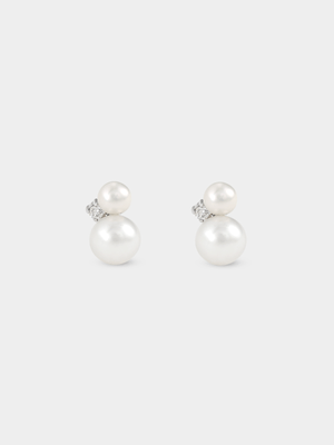 Sterling Silver Lab Grown Diamond & Freshwater Pearl Cluster Stud Earrings