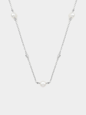 Sterling Silver Lab Grown Diamond & Freshwater Pearl Station Necklace