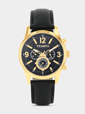 Tempo Gold Plated Black Dial Black Leather Watch