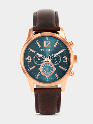Tempo Rose Plated Green Dial Brown Leather Watch