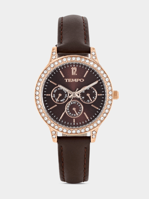 Tempo Rose Plated Brown Dial Brown Leather Watch