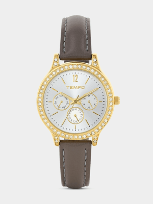 Tempo Gold Plated Silver Tone Dial Taupe Leather Watch